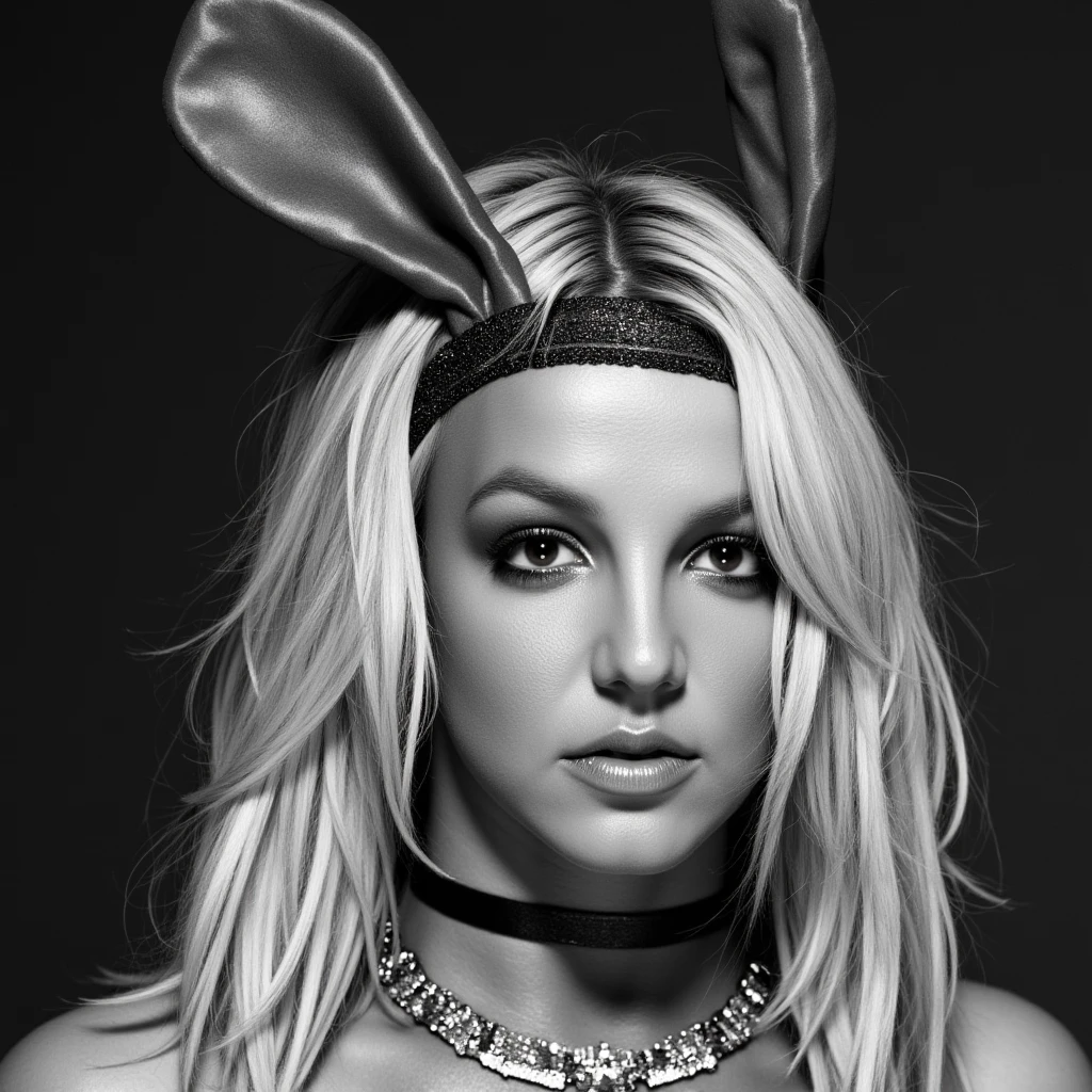 A black and white close-up portrait of Britney Spears, wearing a black latex mask with large bunny ears, a diamond choker necklace, and lace-edged gloves.  The image should evoke the aesthetic of a music video still, with a dramatic lighting setup creating strong highlights and shadows; the model should be positioned slightly angled, with arms crossed in a manner suggesting confidence and vulnerability, with precise attention to detail on the face, hair and accessories, shot with a shallow depth of field, using a portrait lens focusing on emotional subtleties of the subject, similar to a 1980’s photo shoot or album cover, featuring a cool, muted gray background and a professional studio lighting scheme.  The image must be rendered with photorealism and have a fine matte texture, with extremely high resolution for a detailed output. Britney.