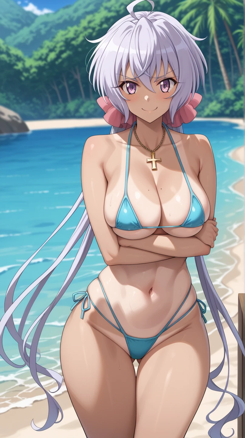     score_9,         score_8_up,         score_7_up,         score_6_up,         score_5_up,         score_4_up,  source_Anime, tag1,  tag2,   最     High Quality    ,         High Quality  ,         Details,   （（     Senki Zesshou Symphogear  ,Yukinechris 1     :5）） ,Beach、   Big Breasts, Bewitching Smile,    very long hair, Low Twin Tail,   micro bikini ,8k,    kampala   ,  strong ,    Professional Quality   ,      Perfect contrast    , 1 personの女の子, 1 person,      light purple hair ,  Full light,         best hair quality    , Big Breasts,         wide hips  ,         huge ass     ,  官能的なwoman, woman, Maternal,   shy,     Walk slowly  ,      cross your arms、 open legs、tanline、　  emphasizes the chest
