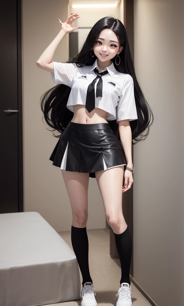  masterpiece, 1 teenage girl, Yuna de Itzy, slim, beautiful,  Korean, Kpop,  long hair ,  black hair ,  black eyes, cuerpo entero, standing, flat stomach,  cute legs,  white skin ,  black skirt , white shirt with black collar, black tie, ties, Tender Pose, smile,  Shoes,