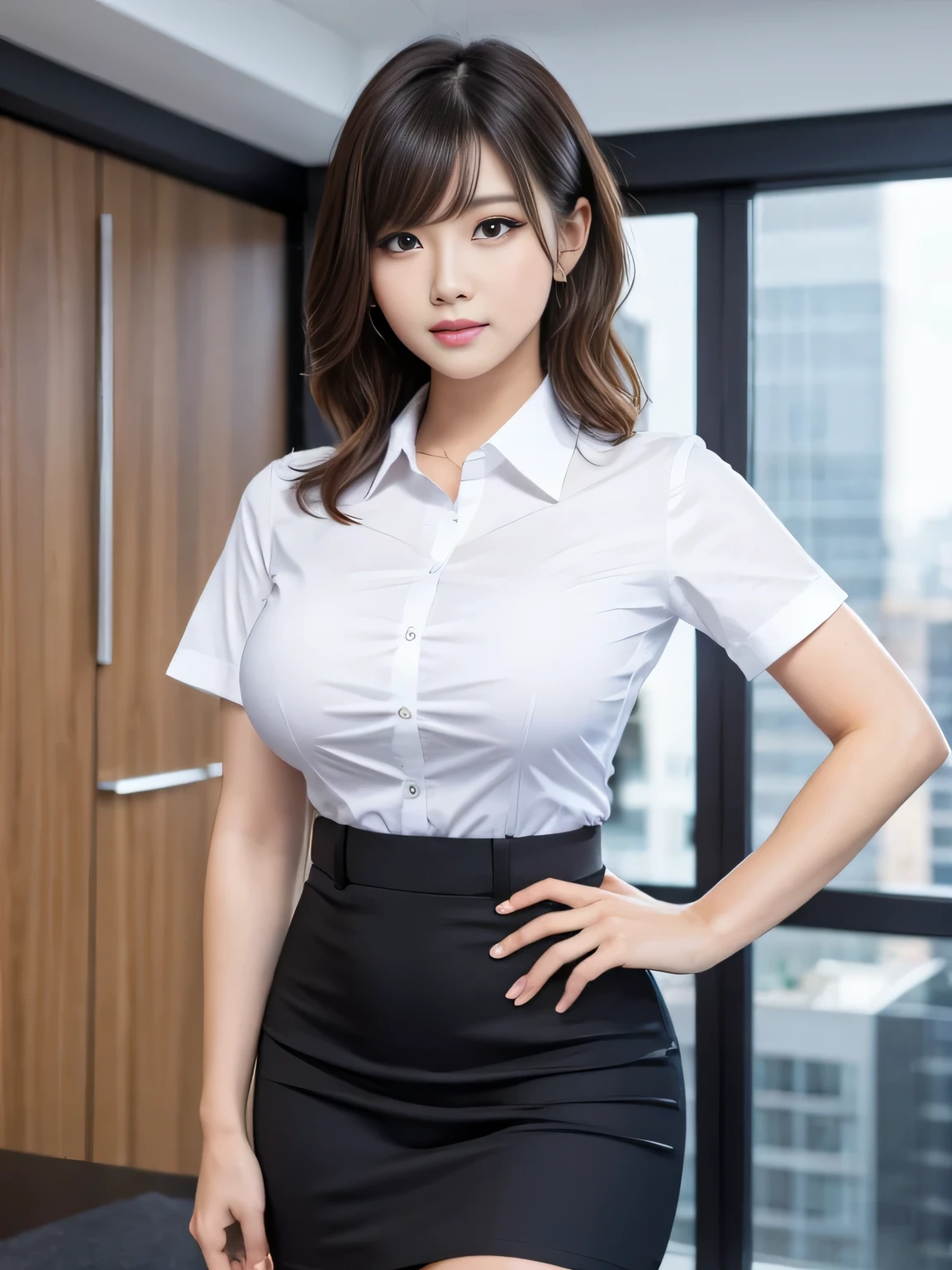 Tight-fitting business shirt, Short sleeves, Tight high-waist skirt, (Shirt tucked into skirt:1.3), Tights, Office,
4K Quality, (High Resolution:1.3), (Realistic photo:1.3), (Raw photo:1.1), (Extremely detailed photo), Absolute masterpiece,
Staring, (Looking at the viewer), Standing,
(Big breasts:1.2), (Lip make-up), Glossy skin, Bangs, Short wavy bob, Ultra pretty girl