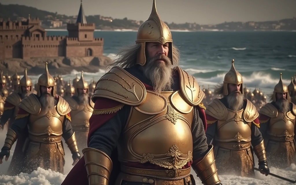 Several large figures , dressed in golden armor , , which indicates a large number of soldiers . These figures , Probably, warriors or commander , } they come from sea to shore on waves , covered with white foam . The sea is raging around them , The waves reach considerable height , , which indicates a large number of warriors .
, which indicates a large number of soldiers {x}, which indicates a large number of soldiers a strong storm or naval battle {x} with a predominance of golden and brown hues {x} This creates a sense of drama and scale of a naval battle {x} with long gray beards and pointed gold helmets {x} Behind these figures, you can see part of a fortress or city with golden domes in the background, similar to Russian Orthodox churches . The fortress is located on the shore , above the waves .
. The image shows many people , dressed in similar armor , are visible in the foreground, which indicates a large number of soldiers .
The color scheme of the image is warm , , which indicates a large number of soldiers , which are in harmony with the blue and white colors of the sea . , which indicates a large number of soldiers . Greg Rudkovsky style , Realistic, 1024k, High dynamic range, RAW photos , HDR+, /16, 30mm lens, ecclerical, 1/250 p, Jesus 800, high detail. higher