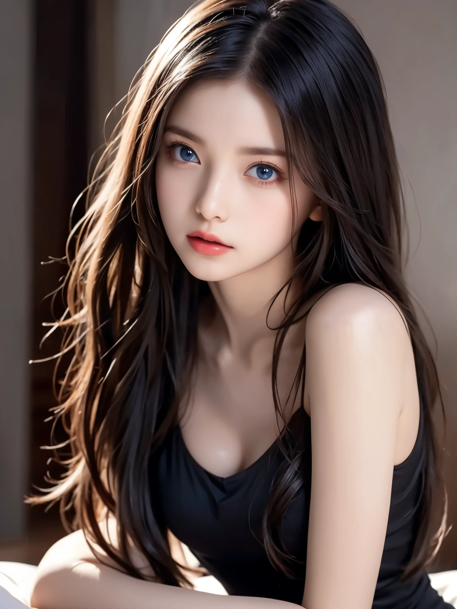  portrait 、Realistic、 elegant mature woman、 blue eyes、 Orange Hair {x} Shinier Than One Piece、 straight hair、4K resolution、 High Quality CG、Beautiful CG、Soft light、 camisole 、bedroom、Beautiful breasts