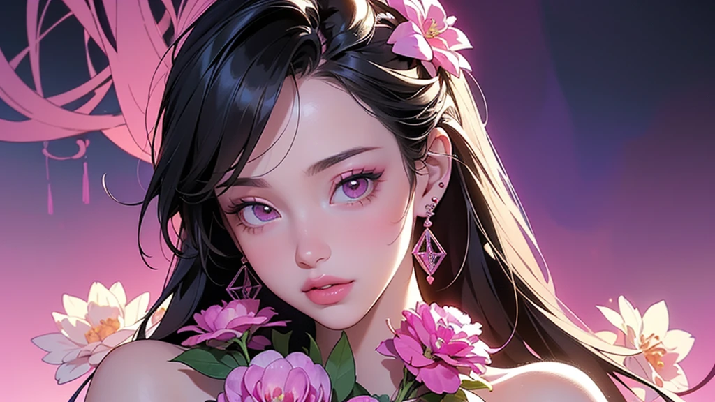 tmasterpiece,top Quority,offcial art,Beauty & Aesthetics Super pretty girl,Extremely detailed,Extremely colorful,Particle effect Perfect face,The upper part of the body, Modern digital painting, Ultra-high resolution peony flower, Peony flower 3D rendering, Colorful 8K resolution, Super beautiful eyes, super clear detail, Long black hair, Super clear eyes