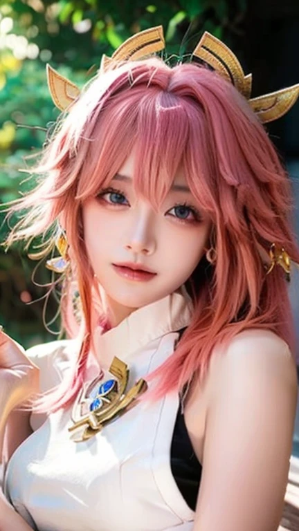 best quality, masterpiece, highres, 1girl, teenage girl,yae miko from genshin impact,hair ornament,necklace, jewelry,Beautiful face,cute,upon_body, tyndall effect,photorealistic, dark studio, rim lighting, two tone lighting, mommy material, beloved mommy,(high detailed skin:1.2), 8k uhd, dslr, soft lighting, high quality, volumetric lighting, paparazzi, Photograph, high resolution, 4k, 8k, Bokeh, outdoor background, realistic, 4K wallpaper, close up, perfect photography