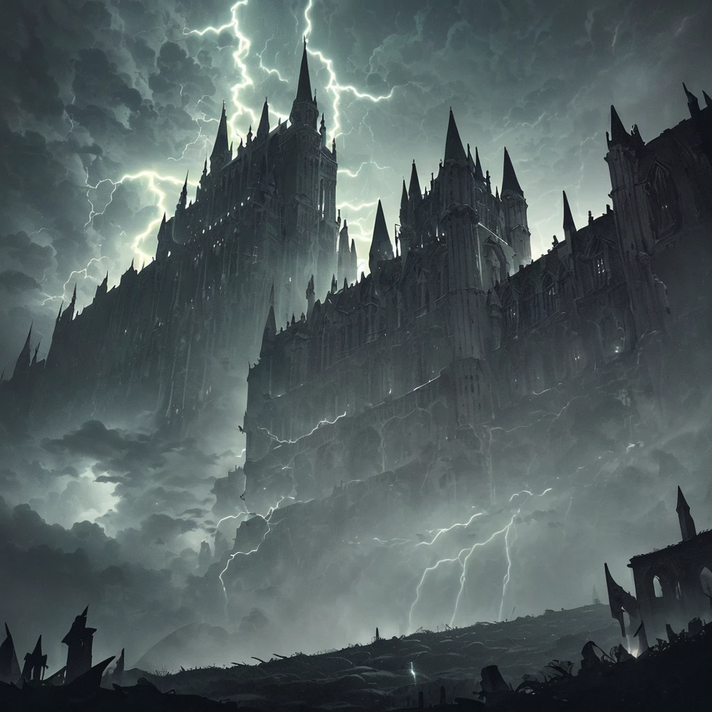 a dark, looming gothic castle, ), (Bats swirl in the night air above, silhouetted against the stormy sky:1.3), The moonlight casting shadows, (Lightning strikes in the backdrop adding to the eerie atmosphere:1.8). Dark tones, high contrast, cinematic lighting. 