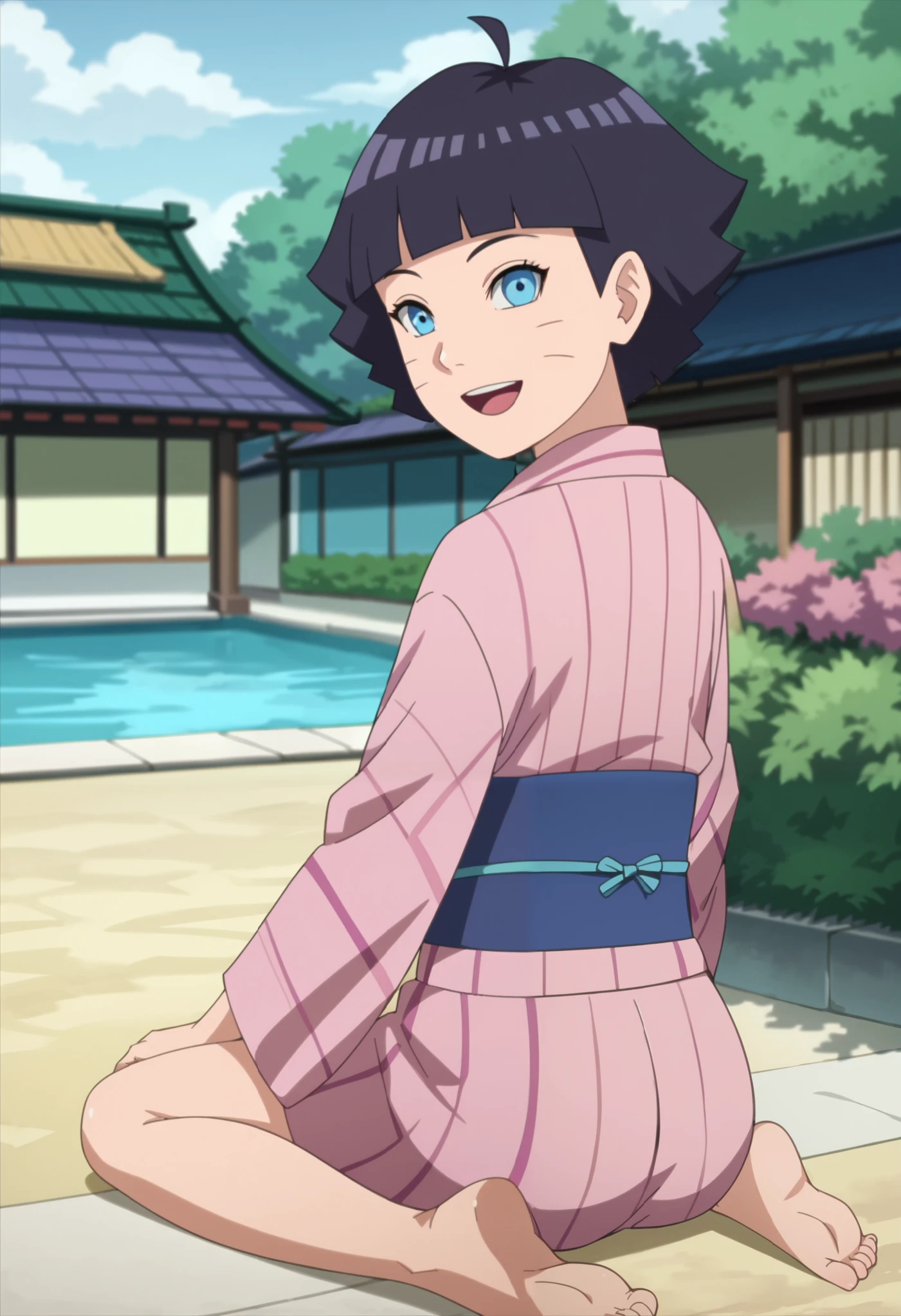 score_9, score_8_up, score_7_up, source_anime,anime screencap,anime coloring,intricate details,masterpiece, uncensored, himawari, 1girl, solo, bangs, blunt bangs, facial mark, ahoge, whisker markings, short hair, black hair,purple hair, blue eyes, looking at viewer, east asian architecture, garden,kimono, japanese clothes, open mouth, smile, sitting, outdoors, barefoot, solo, scenery, ass