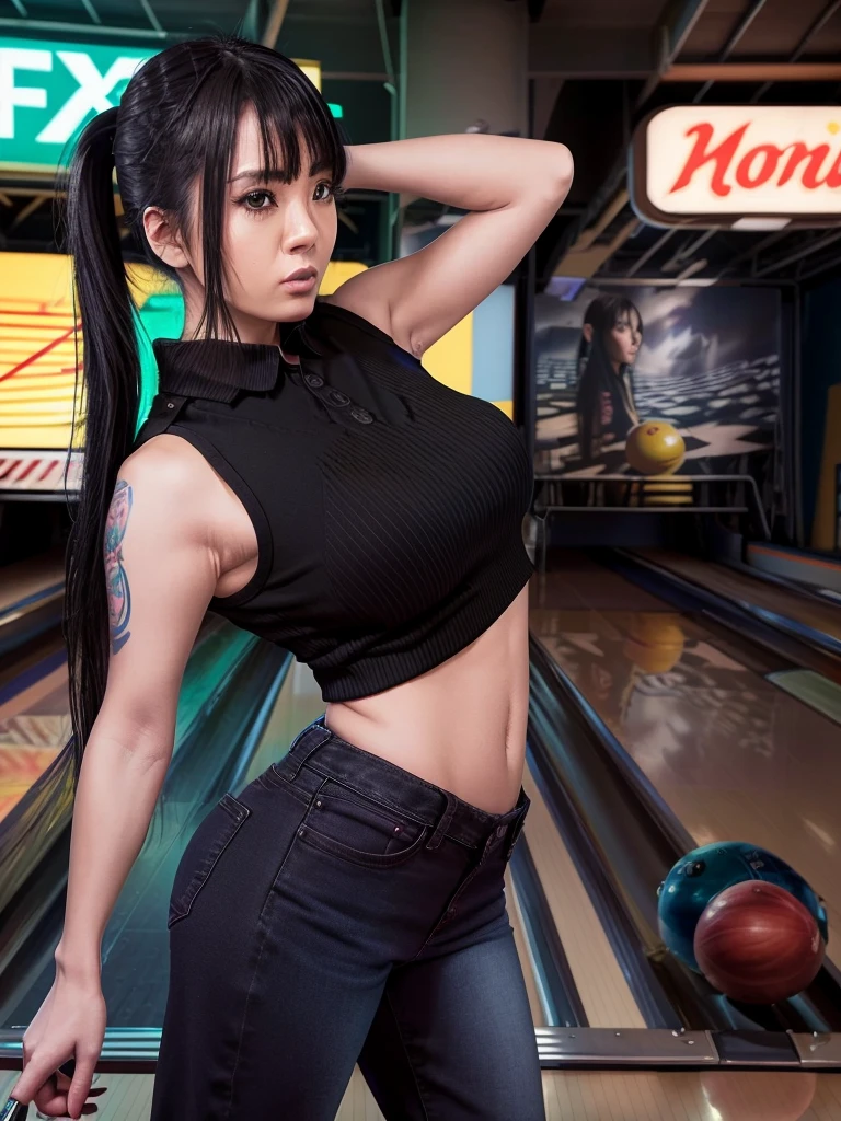 Young woman wearing tight black denim pants and a navy blue polo shirt, ponytail hair, behind a bowling counter, vibrant neon lights, realistic style, dramatic lighting, digital art, 4k, detailed, working light, well-composed, kodachrome ,  satellite view --ar 16:9 --s 600 --v 6

