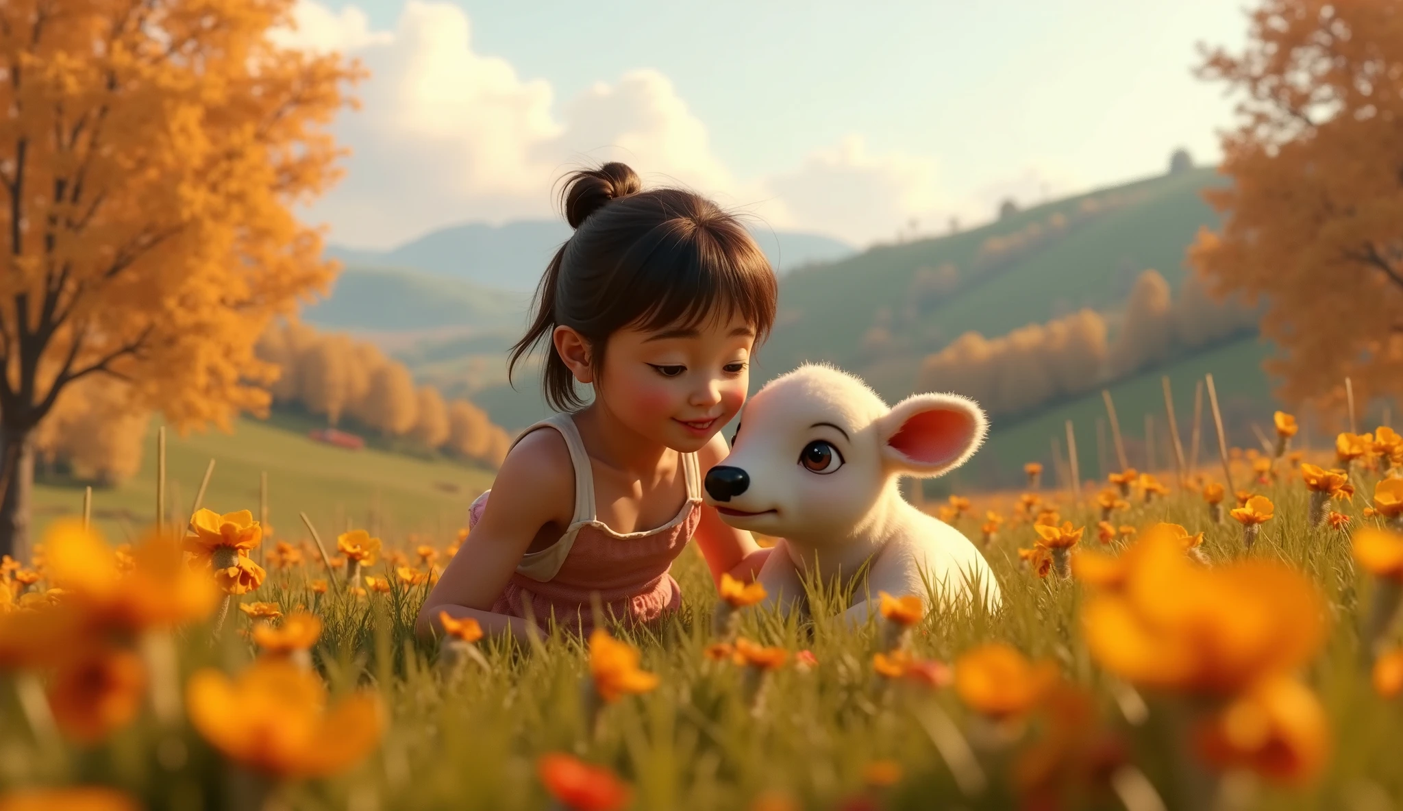 movie picture quality,Disney animation,style of disney animation,Disney movie animation,3D movies,China-style,Baby girl and puppy playing in country field,Short hair and small braids,Denim suspenders,The barefoot,depth of fields,high light,Real light,Ray traching,oc rendered,Hyper-realistic,best qualtiy,8K,Works of masters,super-fine,Detailed pubic hair,Correct ???????,sharp focus on eyes,Bokeh,Facial features are carefully depicted