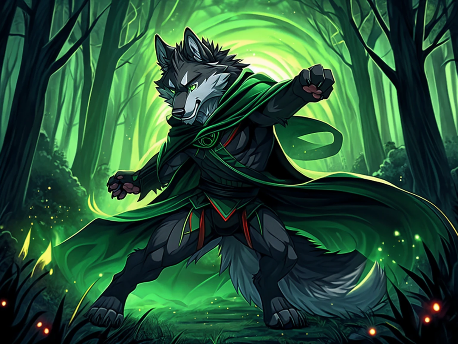 wolf, (gray fur:1.3), Endomorph, Handsome, Revitalize, harm, Contempt, elegant demeanor, calm expression, (barefoot:1.3), (deep black-green Arcane Light Cloak:1.3), masterpiece, (16K), HD, Various facial details, detailed background, very detailed, dynamic poses, Eyes details, high resolution, high quality, correct anatomy, in combat, solo, in forest, casting unholy magic, Reach hand forward, from side, Eerie atmosphere, wrapped in a black-green glow, looking at the camera from the side, fighting stance, paw pads details