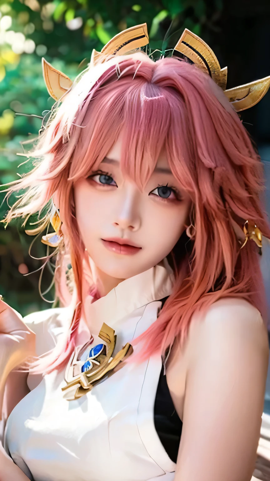 best quality, masterpiece, highres, 1girl,  girl,yae miko from genshin impact,hair ornament,necklace, jewelry,Beautiful face,cute,upon_body, tyndall effect,photorealistic, dark studio, rim lighting, two tone lighting, mommy material, beloved mommy,(high detailed skin:1.2), 8k uhd, dslr, soft lighting, high quality, volumetric lighting, paparazzi, Photograph, high resolution, 4k, 8k, Bokeh, outdoor background, realistic, 4K wallpaper, close up, perfect photography