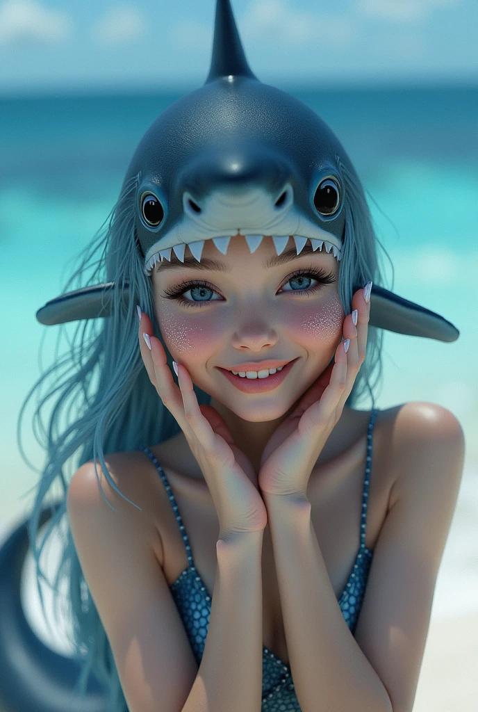 1girls, ,,excited smile
An enchanting woman with cascading silver-blue waves, adorned with a crown of seashells and pearls. Her eyes are a mesmerizing sea-green, mirroring the tranquil ocean waves gently lapping against a secluded beach, where mermaids frolic and dolphins play.
<lora:tw:0.5>
(masterpiece, best quality, official art,intricate details:1.2)