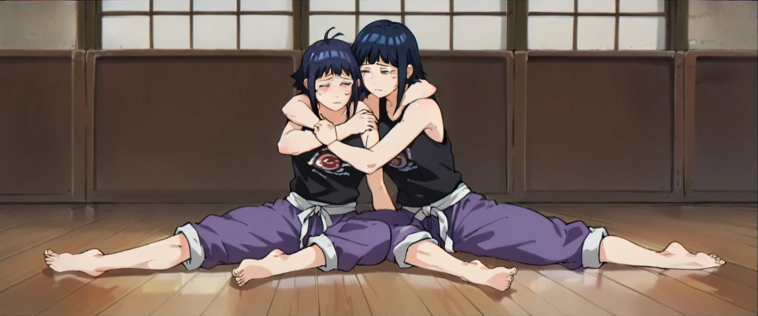 (Caucasian ethnicity) masterpiece, 4k,  lyrics, love, barefoot, 2 women,  sitting on the floor  ,Purple Pants,  loose pants , plain pants,  martial arts pants,  big pants and black blouse,  bare shoulders , woman and her friend , Friend is sad ,  Hinata hugging her friend