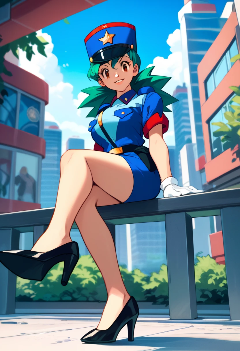 score_9, score_8_up, score_7_up, score_6_up, source_anime, BREAK 1girl pkmnJenny, green hair, blue hat, police uniform, blue shirt, short sleeves, belt, pencil skirt, white gloves, looking at viewer, happy, city, blue sky, upper body, full body, heels, 