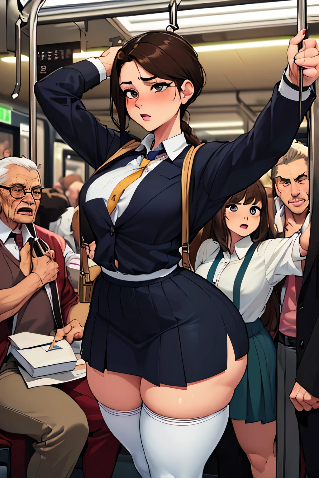(SFW), ((photorealistic)), (masterpiece), (best quality:1.3), absurdness, [:intricate details1.3], SFW, realistic, masterpiece, (((VERY crowded subway train interior detailed scenario, VERY crowded subway train interior detailed background))), standing insanely hot (1) using ((school uniform)), ((behind skirt lifted)), ((3/4 white stockings)), ((big ass)), ((thick thighs)), ((arms up)), ((fear/shocked expression)), (blushed face), ((perfect body proportions)), ((very old/ elder man pressing his pelvis against young woman 1 ass)), (((very old/ elder man pressing his chest on young woman 1 back))) and (((holding her hips))).