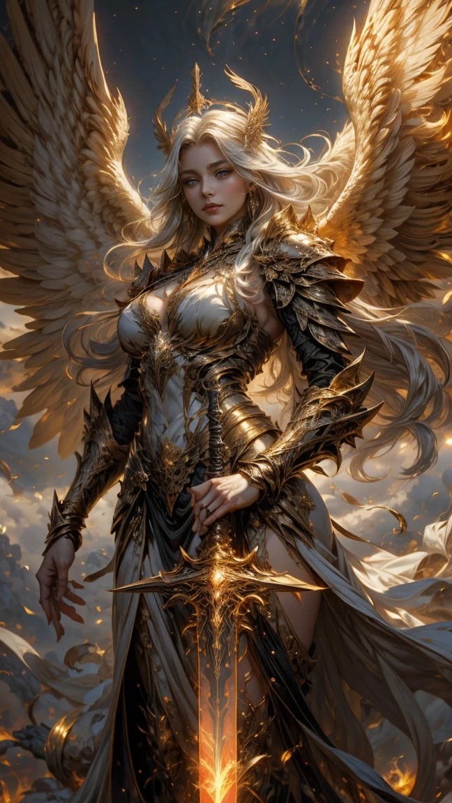 In the heart of heaven, a young archangel woman with very long white hair stands in a calm and composed warrior pose. She wears a crimson and gold archangel outfit, her extended wings glowing softly with ethereal red and gold hues. She holds a large double-edged sword at her chest, the blade pointed downward toward the ground, symbolizing peace and strength. The serene scene is surrounded by vast clouds, towering golden spires, and radiant ethereal energy, creating a divine and tranquil atmosphere. Her golden eyes radiate calm determination as she gazes into the distance. The setting is highly detailed and realistic, with cinematic lighting and ultra-detailed rendering, capturing the serenity and majesty of this celestial moment.