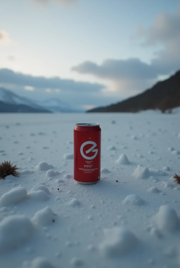 Lisamy, Pepsi can, diffused light from a cold, cloudy sky casts a serene glow on the can, emphasizing its rediscovery amid the desolate, frozen landscape, perfect body