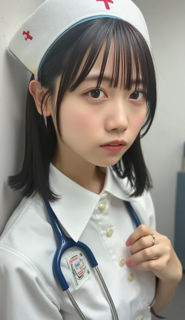  1 girl,(Wearing white nurse clothes:1.2),( RAW Photos,  best quality), (Realistic, photo-Realistic:1.4), masterpiece,   Very Delicate and Beautiful  ,  Very detailed, 2k wallpaper,  amazing, finely,  Very detailed CG unity 8k wallpaper,  super detailed,  high definition , Soft light,   beautiful girls with great attention to detail,  Very detailed eyes and face,  beautiful detailed nose , finely beautiful eyes, nurse, perfect anatomy,  black hair, 【Style】, nurse uniform, ((nurse cap)),  long skirt, nurse,  White Costumes , thin, hospital, Clear,  white uniform, hospital room, neck stethoscope ,()