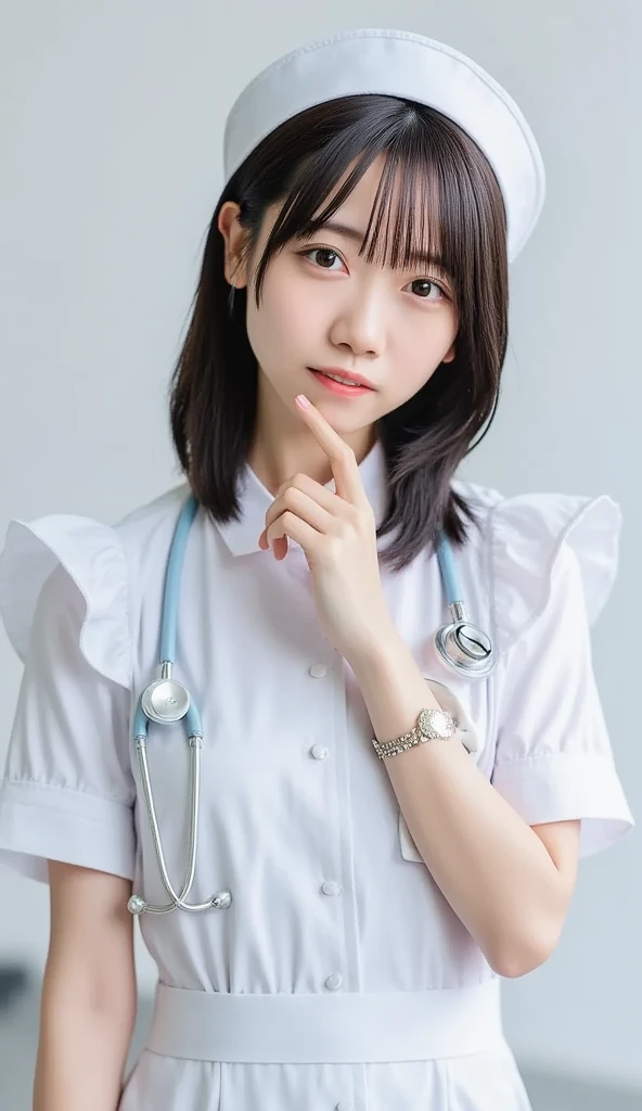  1 girl,(Wearing white nurse clothes:1.2),( RAW Photos,  best quality), (Realistic, photo-Realistic:1.4), masterpiece,   Very Delicate and Beautiful  ,  Very detailed, 2k wallpaper,  amazing, finely,  Very detailed CG unity 8k wallpaper,  super detailed,  high definition , Soft light,   beautiful girls with great attention to detail,  Very detailed eyes and face,  beautiful detailed nose , finely beautiful eyes, nurse, perfect anatomy,  black hair, 【Style】, nurse uniform, ((nurse cap)),  long skirt, nurse,  White Costumes , thin, hospital, Clear,  white uniform, hospital room, neck stethoscope ,()