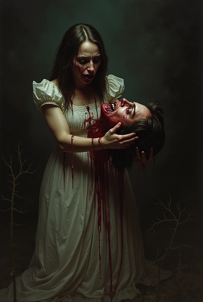 A very cute beautiful girls knife, cut throat A boy blindfold neck bloody splash, full body, wide open throat, throat contents