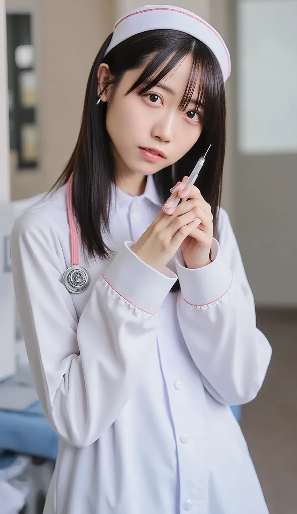  has a syringe in their hands:1.2, 1 girl,(Wearing white nurse clothes:1.2),( RAW Photos,  best quality), (Realistic, photo-Realistic:1.4), masterpiece,   Very Delicate and Beautiful  ,  Very detailed, 2k wallpaper,  amazing, finely,  Very detailed CG unity 8k wallpaper,  super detailed,  high definition , Soft light,   beautiful girls with great attention to detail,  Very detailed eyes and face,  beautiful detailed nose , finely beautiful eyes, nurse, perfect anatomy,  black hair, 【Style】, nurse uniform, ((nurse cap)),  long skirt, nurse,  White Costumes , thin, hospital, Clear,  white uniform, hospital room, neck stethoscope ,()