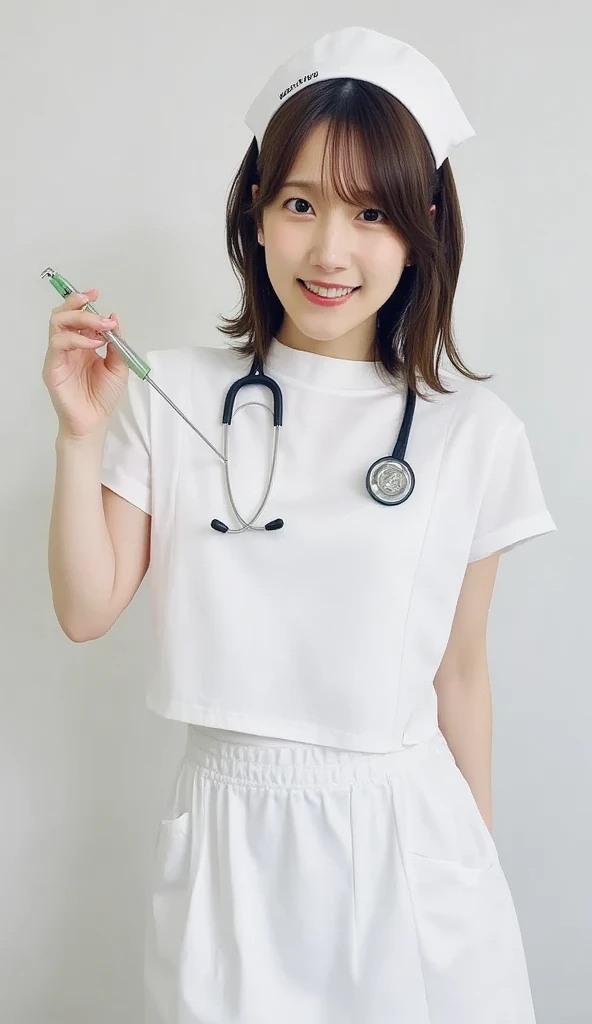  has a syringe in their hands:1.2, 1 girl,(Wearing white nurse clothes:1.2),( RAW Photos,  best quality), (Realistic, photo-Realistic:1.4), masterpiece,   Very Delicate and Beautiful  ,  Very detailed, 2k wallpaper,  amazing, finely,  Very detailed CG unity 8k wallpaper,  super detailed,  high definition , Soft light,   beautiful girls with great attention to detail,  Very detailed eyes and face,  beautiful detailed nose , finely beautiful eyes, nurse, perfect anatomy,  black hair, 【Style】, nurse uniform, ((nurse cap)),  long skirt, nurse,  White Costumes , thin, hospital, Clear,  white uniform, hospital room, neck stethoscope ,()