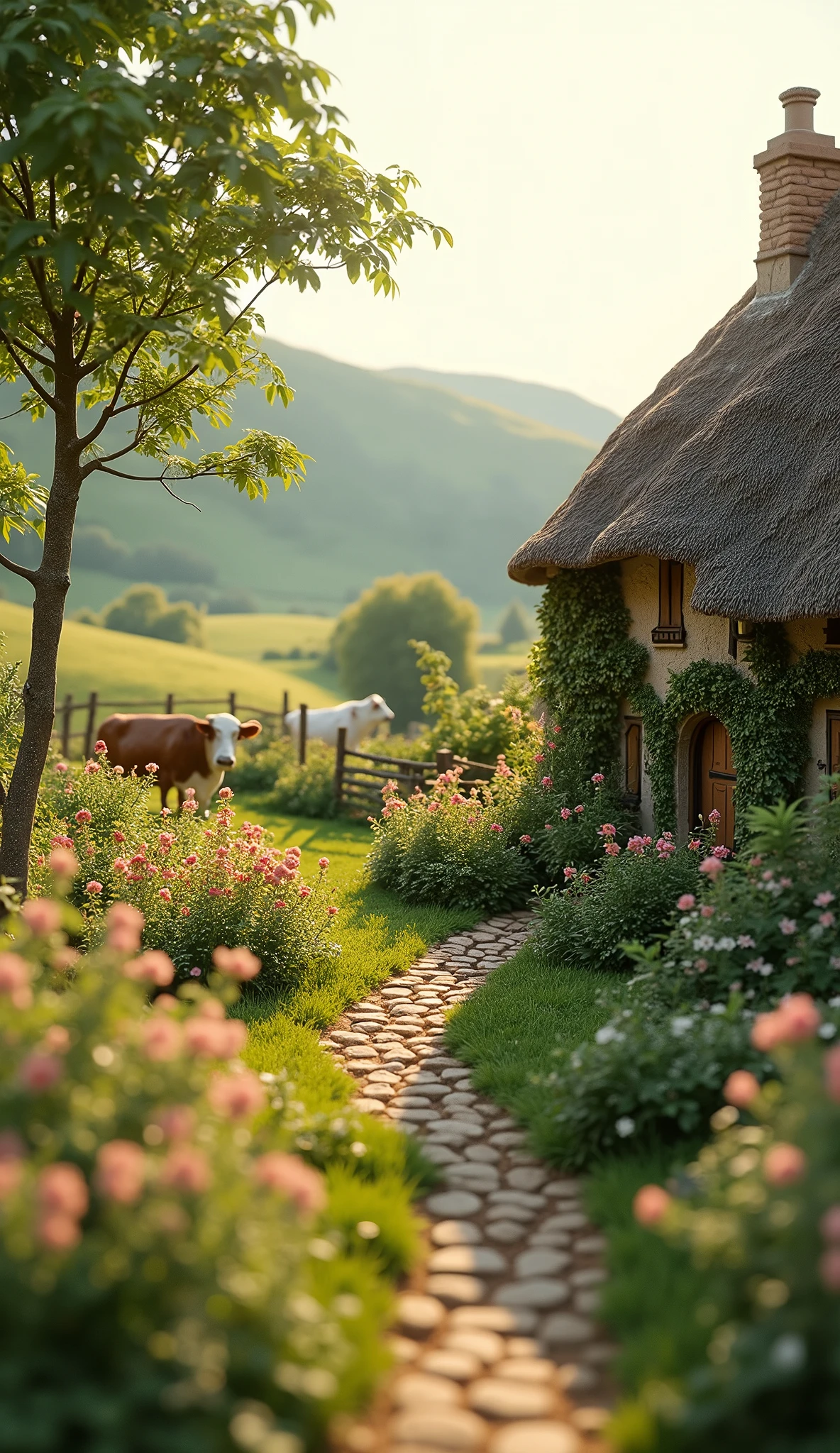 a pastoral and horticultural diorama, detailed garden landscape, lush foliage, rolling hills, old stone cottage, thatched roof, picturesque countryside, cows grazing, rustic wooden fence, winding path, wildflowers, sunlight filtering through trees, atmospheric lighting, muted color palette, cinematic composition, serene, tranquil, idyllic, masterpiece, best quality, 8k, photorealistic