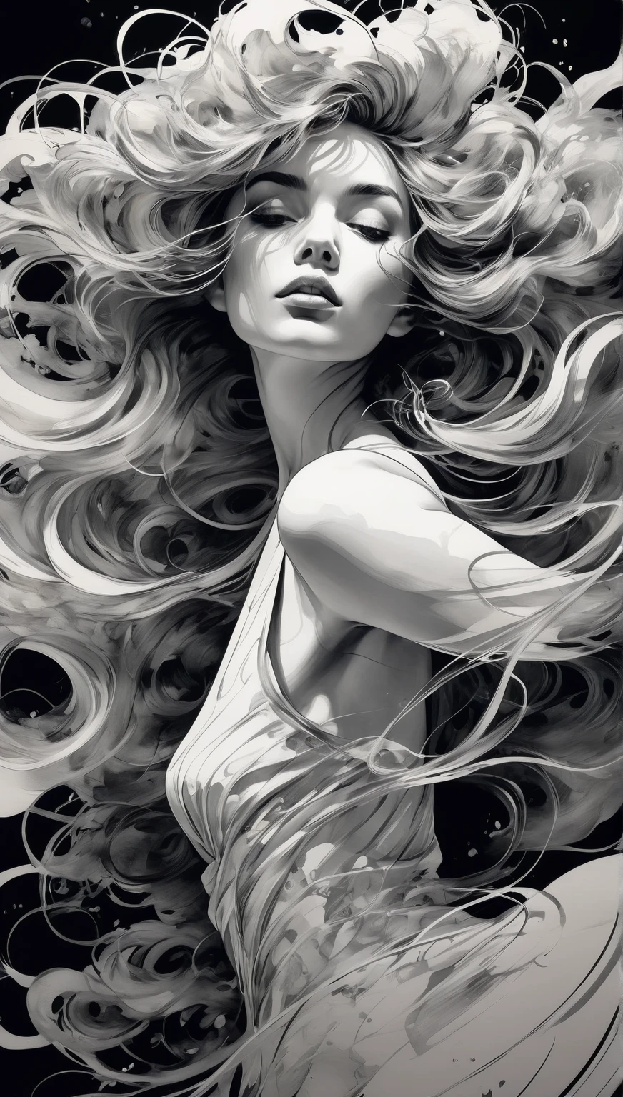 (best quality,ultra-detailed,realistic,ink drawing:1.2),wind-blown hair,woman,((Ashley Wood style)),female figure,expressive eyes,gently flowing dress,graceful pose,subtle shading,striking composition,dynamic lines,vibrant ink strokes,contrasting light and shadow,intricate details,artistic flair,monochrome palette,emotionally charged,subdued background,fine art quality,mesmerizing beauty,hint of mystery,atmospheric ambiance,whimsical elements,depth and texture,ethereal aura,sophisticated elegance,impeccable craftsmanship,skillful ink work,thought-provoking,imagination-stirring,unforgettable impression,ink on paper effect,organic and fluid,unique visual style,touched by artistic genius,intense and captivating,classic yet contemporary,visually stunning composition best quality,4k,8k,highres,masterpiece:1.2,ultra-detailed,photorealistic,advertising poster,mermaid,storm,monochromatic,harrowing,contrasting colors,dynamic lighting,water reflections,striking composition,dramatic atmosphere,mysterious concept