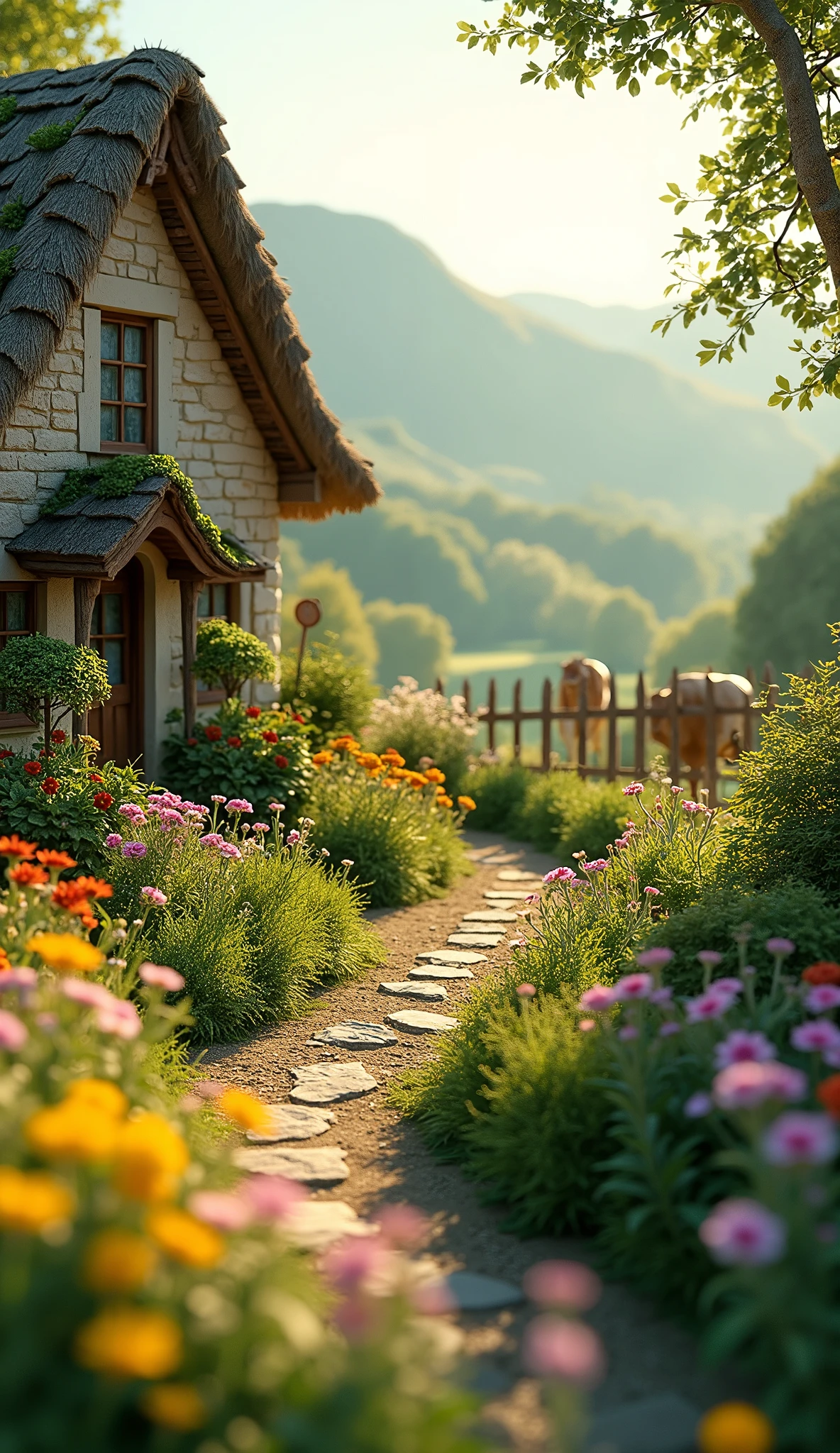 a pastoral and horticultural diorama, detailed garden landscape, lush foliage, rolling hills, old stone cottage, thatched roof, picturesque countryside, cows grazing, rustic wooden fence, winding path, wildflowers, sunlight filtering through trees, atmospheric lighting, muted color palette, cinematic composition, serene, tranquil, idyllic, masterpiece, best quality, 8k, photorealistic