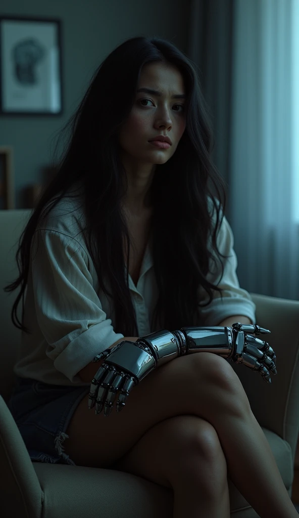 Retro Photography,((The style of Japanese films in the 1990s)), (Extreme details ,Original Photography, best quality), (Exquisite light and shadow, Very dramatic picture, Movie lens effects),((Reality:1.3)),1 mature woman,Robot arm,long hair,wearing a camisole,Perfect body,Mechanical Parts,Cyberpunk style,Beautiful long legs,High heel,Authentic background