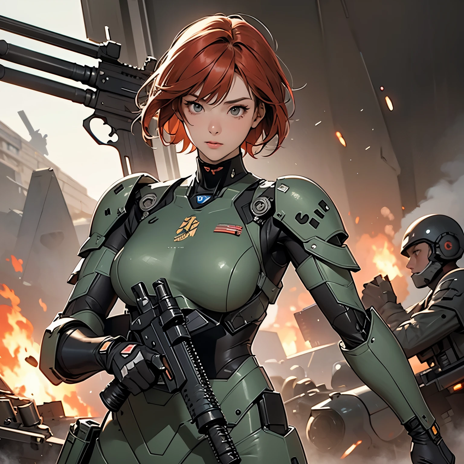 nsfw, anime screencap, 16K, perfect anatomy proportion body, perfect hands, action, A dynamic composition with a sense of speed and movement, (Hold an assault rifle:1.6), a wife, 40age, perfect beautiful delicate sexy face, perfect beautiful delicate slanted red eyes, red hair, swept bangs pixie cut, medium breasts, Camouflage colored heavy armor robotic steam engine full armor powered suit, Many robot soldiers having a gunfight in the background, Flying bullets, Desert Battlefield, war, cyber punk,