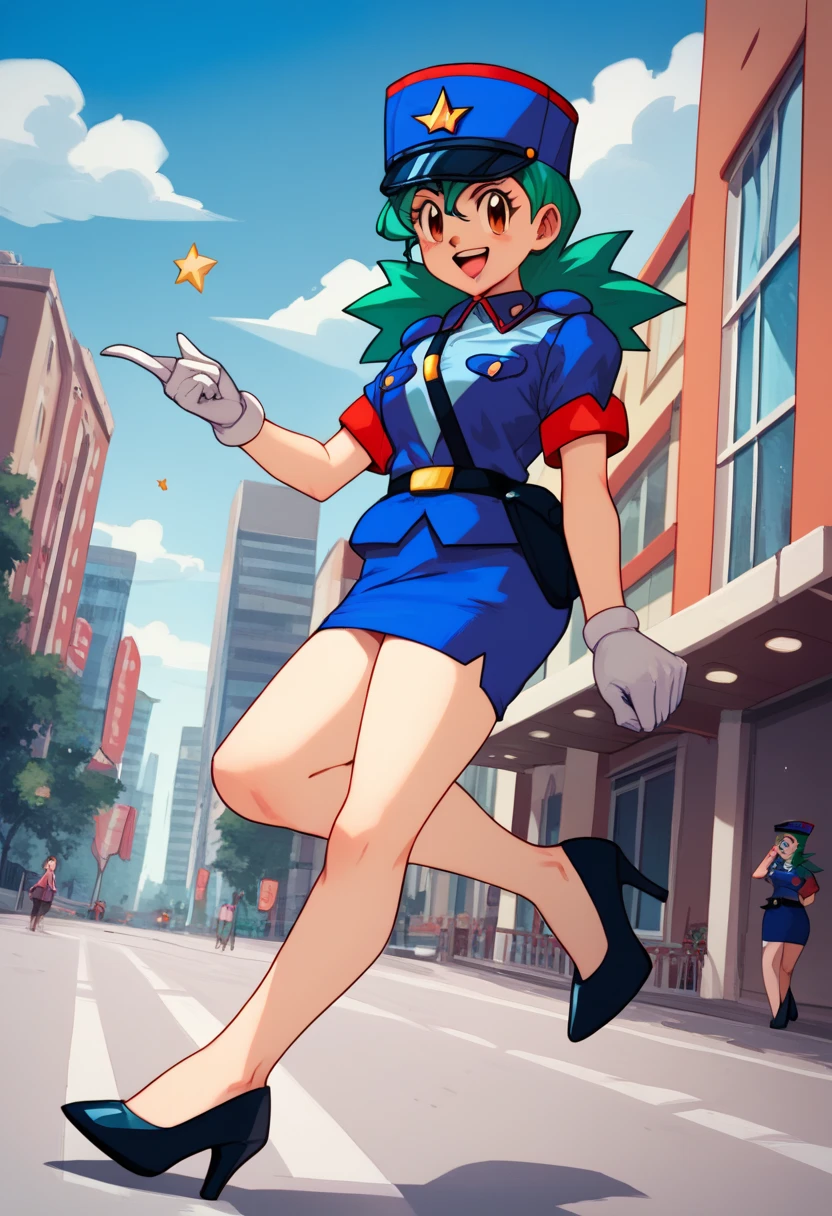 score_9, score_8_up, score_7_up, score_6_up, source_anime, 1girl pkmnJenny, green hair, blue hat, police uniform, blue shirt, short sleeves, belt, pencil skirt, white gloves, looking at viewer, happy, city, blue sky, upper body, full body, heels, walking,