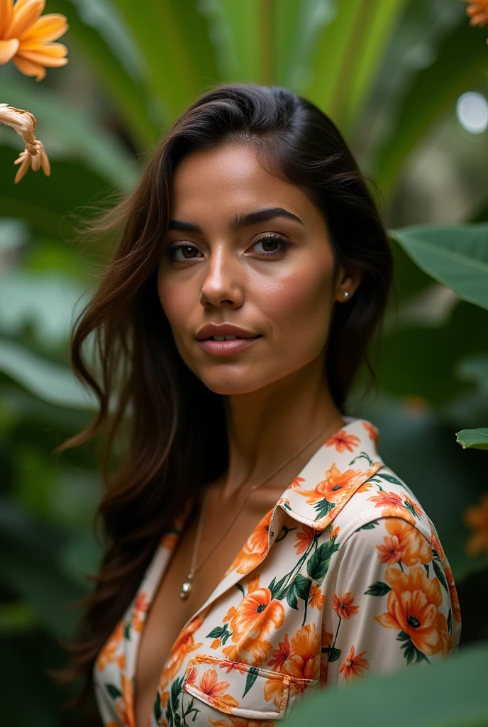 A Brazilian woman in a lush tropical garden, wearing an open shirt with a floral print, with a close-up capturing the harmonious beauty between her breasts and the natural flowers, showing off your natural charm and outgoing personality.
