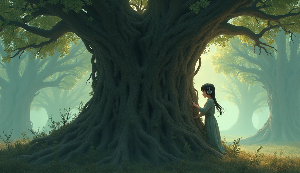 A girl sitting under a banyan tree