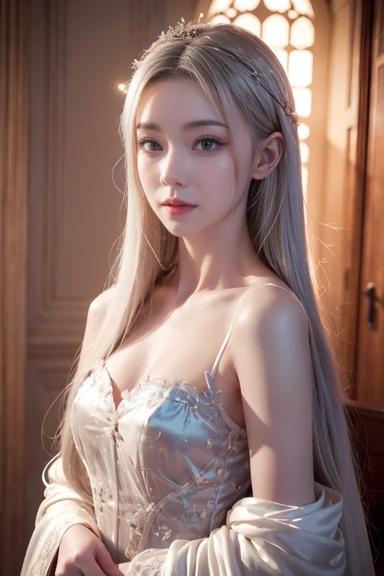 ashelia, photorealistic young medieval white-haired woman, flat chest, small bust, 8k, medieval palace, A beautiful adult woman with a soft face, perfect brown eyes, detailed face, long eyelashes, silk flower fantasy background, cinematic photorealistic lighting, dramatic night scene, (best quality,4k,8k,highres,masterpiece:1.2),ultra-detailed,(realistic,photorealistic,photo-realistic:1.37),cinematic,dramatic,moody,celestial white light