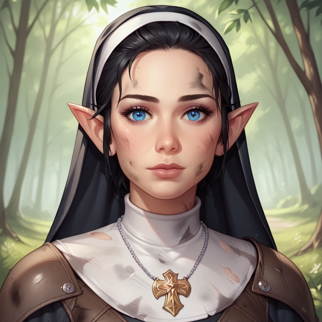 (((beautiful, high quality, comics style, detailed face))), score_9, score_8_up, score_7_up, BREAK, 1girl, duxlipa, warrior nun, small pointed ears, black hair, blue eyes, leather armor, leather shoulder pads, patterns on armor, medal necklace, nun veil, dirty, dusty, female focus, solo:1.4, portrait, upper body, portrait, looking at the viewer, forest background, fantasy, blurred background, Expressiveh, detailxl, DeepNegative_xl_v1