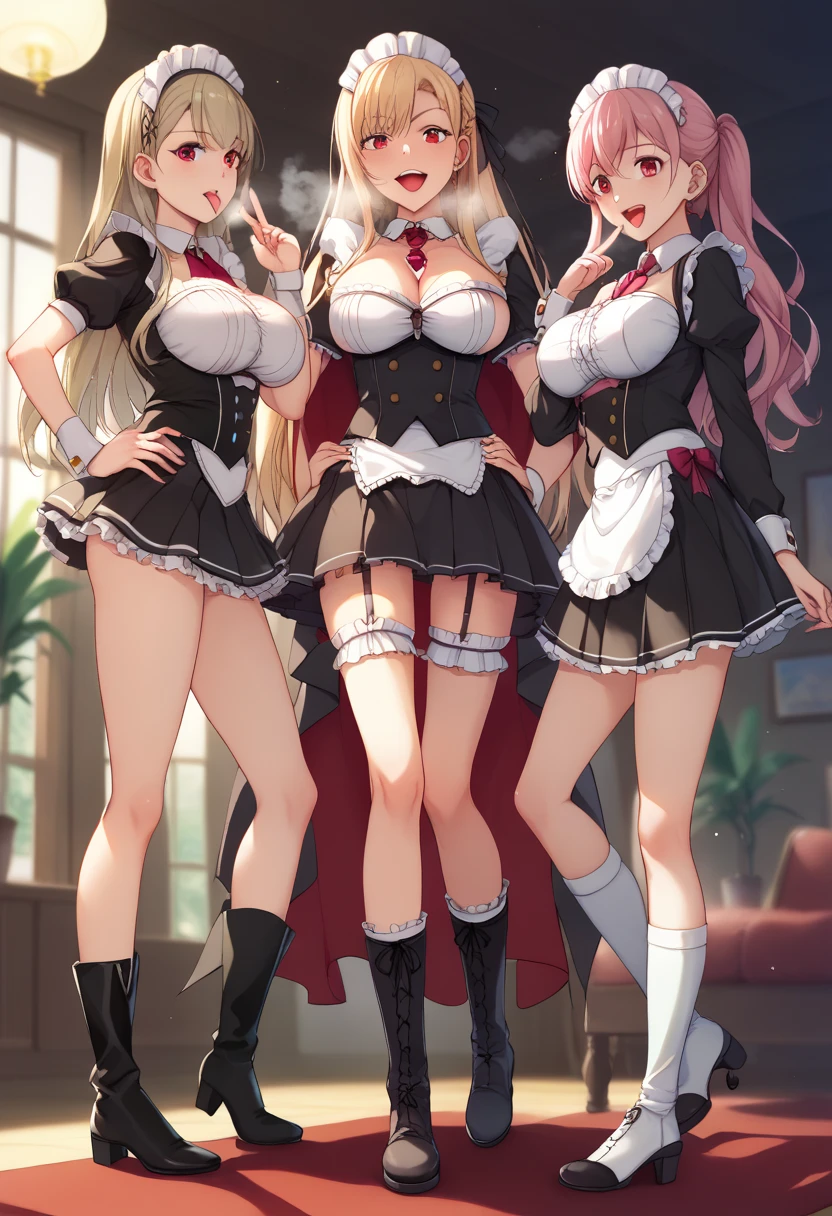 multiple girls, giantess art, highly detailed giantess shots, giantess, most detailed, perfect face, Two legs, Five fingers, A beautiful girl who is bigger than a skyscraper, Wearing rimless glasses, smile, huge breasts, magical girl dress, bow, magical girl, holding a magical wand, black pantyhose, stiletto heels, thunderbolt from a magical wand, Destroying cities, Under heavy attack, A very small big city, Miniature metropolis, Full body description, GTS, giga giantess, stomping city, crash city, tiny city, micro city, pantyhose feet, High resolution, highest quality, masterpiece, 