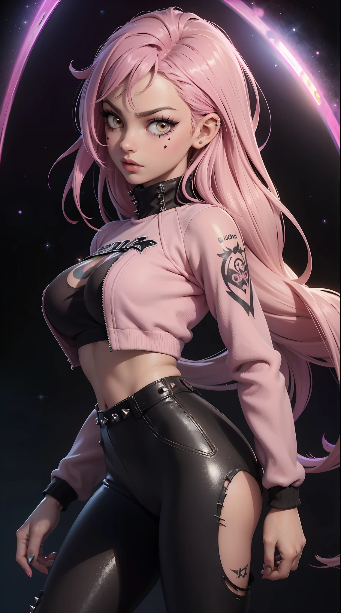 (Extreme Detail CG Unity 8K wallpaper, obra-prima, alta qualidade), (Exquisite lighting and shade, highly dramatic image, Cinematic lens efito), (Anime style), Anime Girl, Villain, Black Jacket, Pink Shirt, Black Short skirt, pantyhose, Boots, Looking to the viewer, Evil expression, Pointing to the viewer,