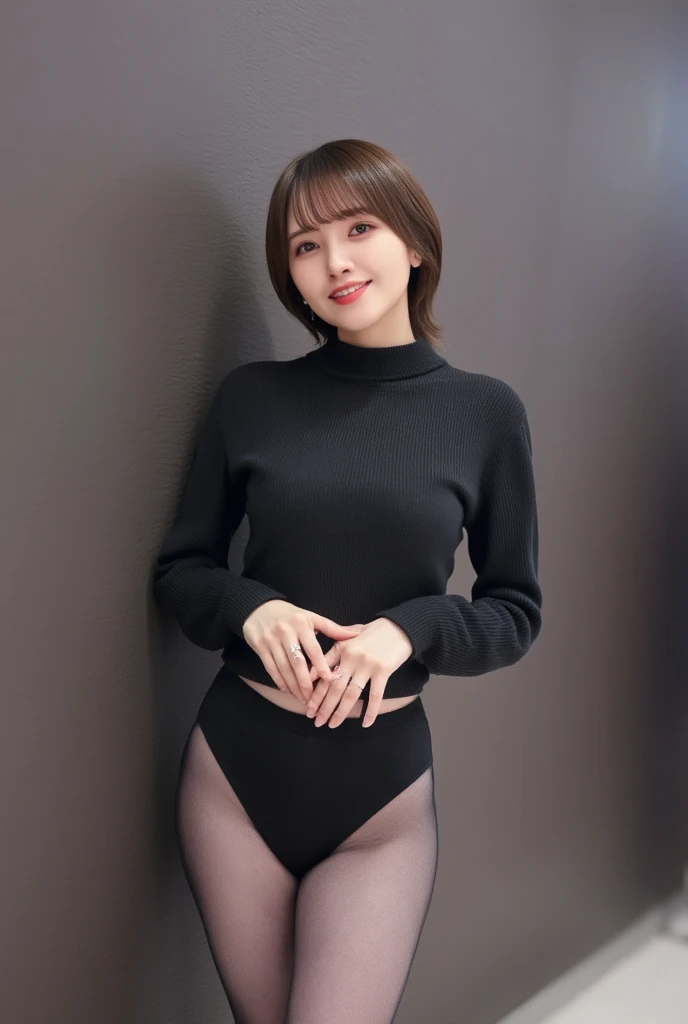 8k, RAW Photo, Best Quality, Masterpiece:1.2),(Realistic, photo-realistic:1.37), Super Detail, She is wearing transparent black long sleeve leggings, no pants, black pantyhose, tight fitting black long sleeve turtleneck, She is wearing black long sleeve leggings and black pantyhose.cinematic lighting, sexy pose, monotone background, facing front, full body
