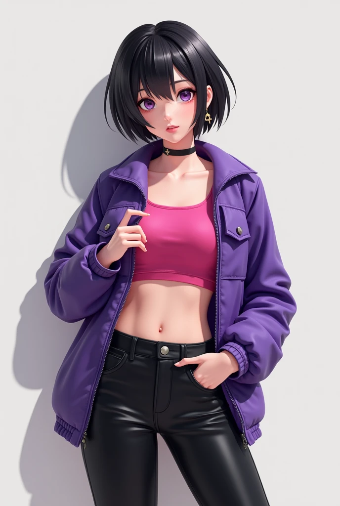 1girl, solo, bibi, black hair, short hair, purple eyes, navel, midriff, cross earrings, purple jacket, pink top, black leggings, picture from behind, sexy
