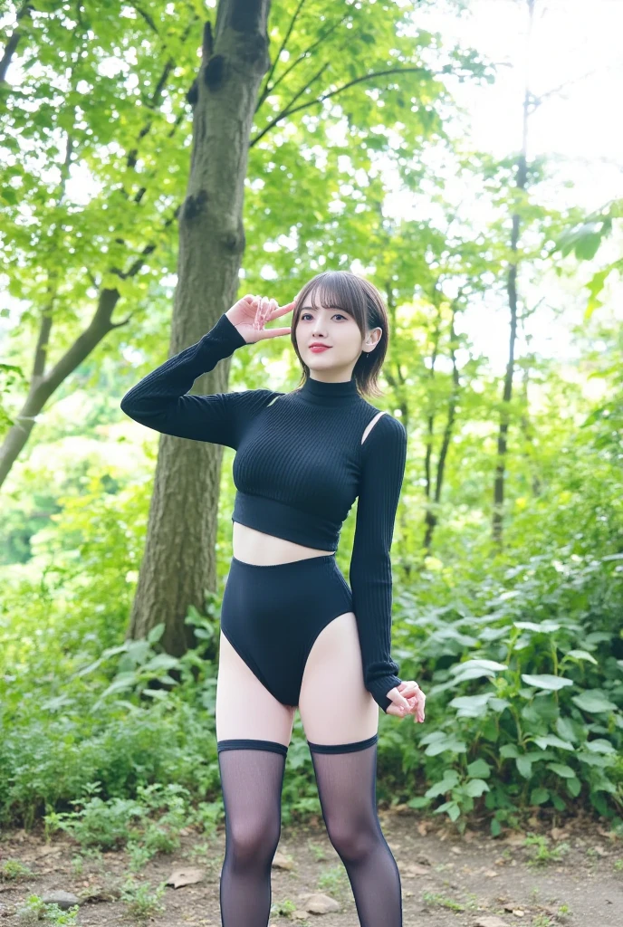 8k, RAW Photo, Best Quality, Masterpiece:1.2),(Realistic, photo-realistic:1.37), Super Detail, She is wearing transparent black long sleeve leggings, no pants, black pantyhose, tight fitting black long sleeve turtleneck, She is wearing black long sleeve leggings and black pantyhose.cinematic lighting, sexy pose, monotone background, facing front, full body
