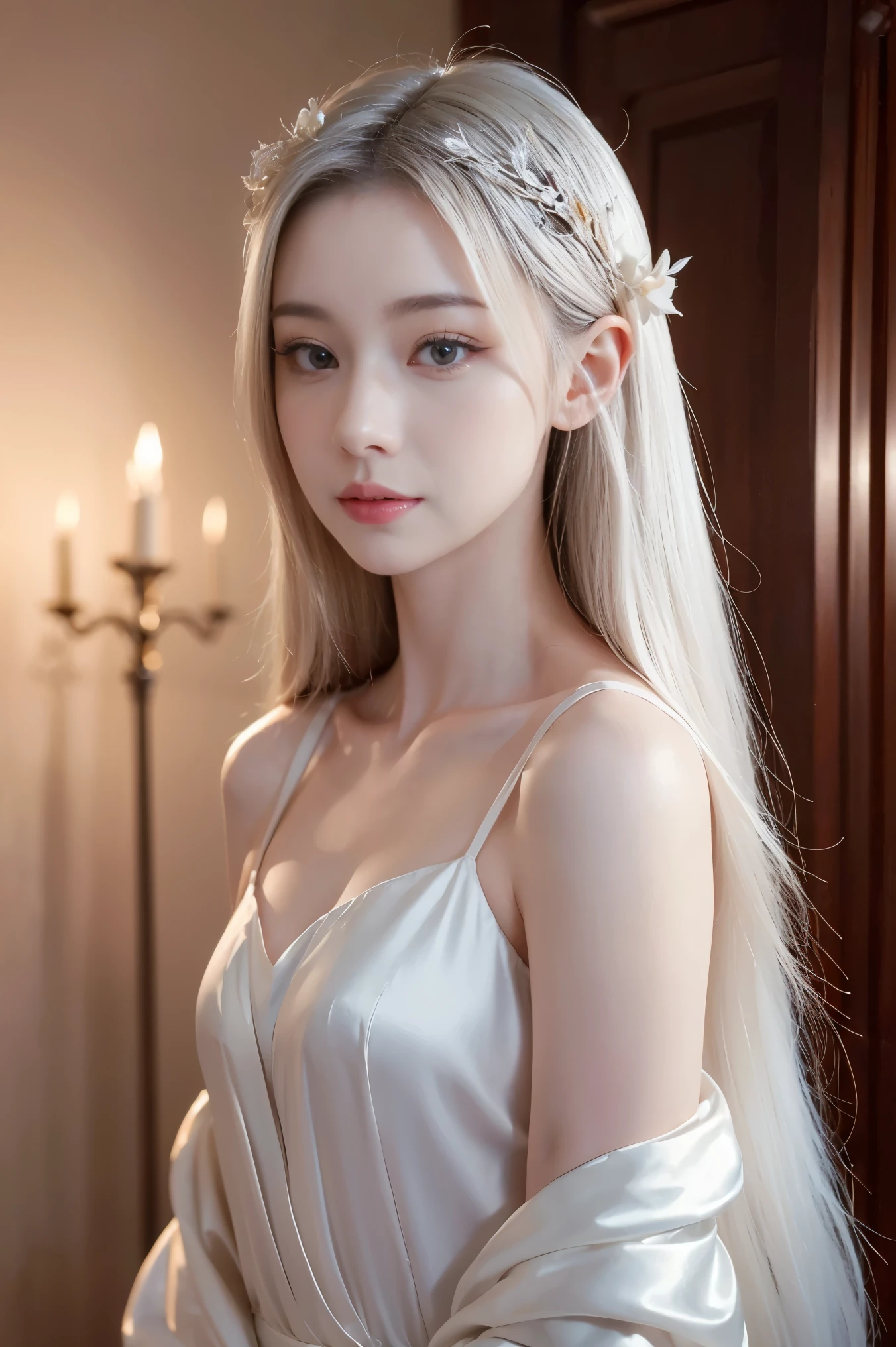 ashelia, photorealistic young medieval white-haired woman, flat chest, small bust, 8k, medieval palace, A beautiful adult woman with a soft face, perfect brown eyes, detailed face, long eyelashes, silk flower fantasy background, cinematic photorealistic lighting, dramatic night scene, (best quality,4k,8k,highres,masterpiece:1.2),ultra-detailed,(realistic,photorealistic,photo-realistic:1.37),cinematic,dramatic,moody,celestial white light