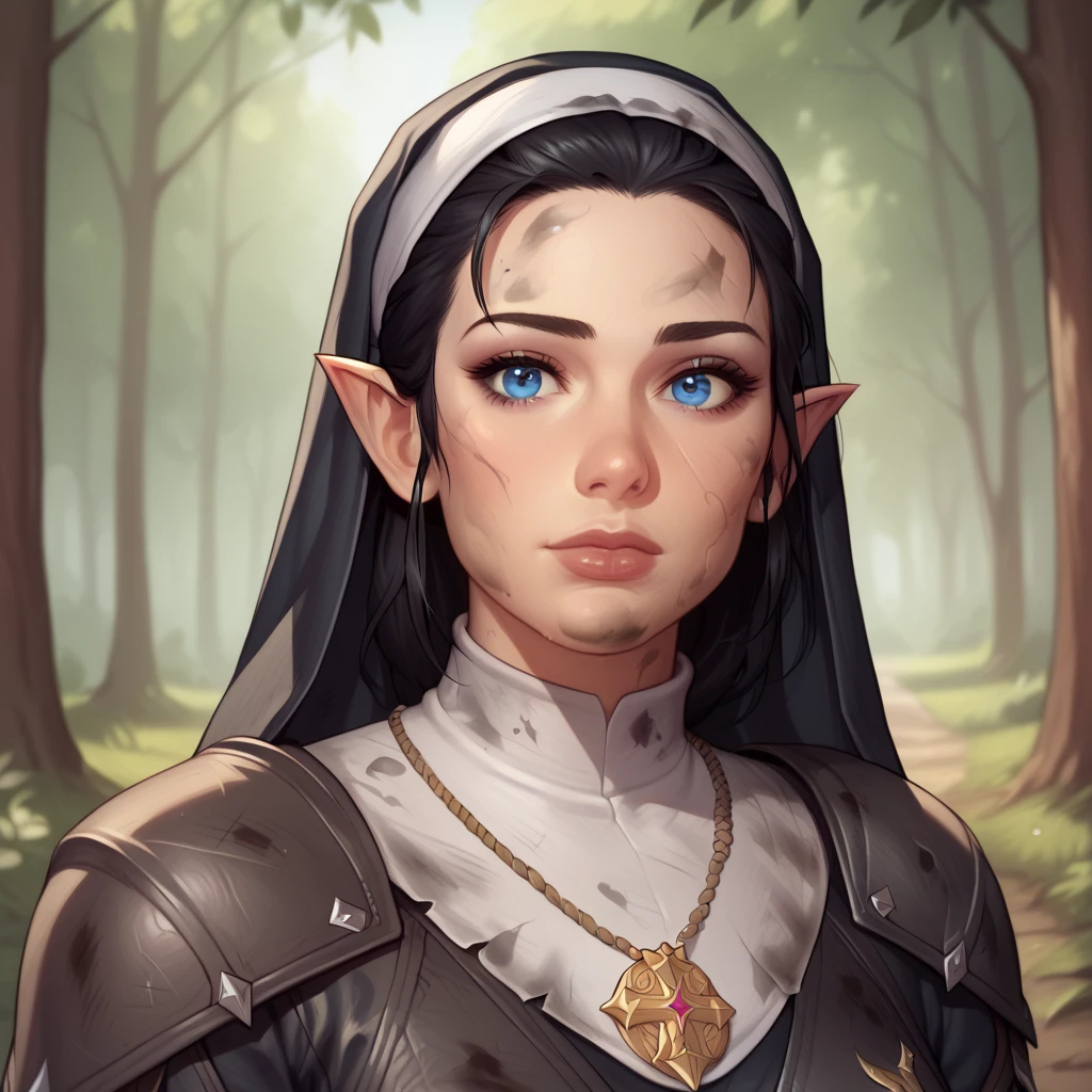 (((beautiful, high quality, comics style, detailed face))), score_9, score_8_up, score_7_up, BREAK, 1girl, duxlipa, warrior nun, small pointed ears, black hair, blue eyes, leather armor, leather shoulder pads, patterns on armor, medal necklace, nun veil, dirty, dusty, female focus, solo:1.4, portrait, upper body, portrait, looking at the viewer, forest background, fantasy, blurred background, Expressiveh, detailxl, DeepNegative_xl_v1