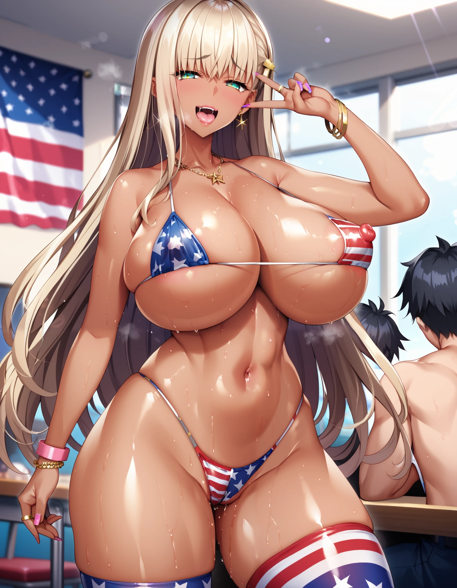 score_9, score_8_up, score_7_up, source_anime, gyaru, dark-skinned female, mature female, mother, bb \(fate\), 1girl, breasts, micro bikini, american flag bikini, covered huge nipples, american flag legwear, dark skin, narrow waist, steaming body, pose, v, netorare, cheating (relationship), corruption, evil, bitch,