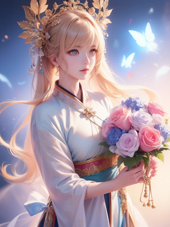 high quality, masterpiece, High Resolutiexist, 1 Girl, blush, ( attractive smile : 0.8), Star Eyes, Chinese Hanfu , Hair accessories, necklace, Jewelry, beauty, exist_Body, Teindel effect, realistic , Shadow Room, Light Edge, Two-texiste Lighting, ( Highly detailed skin : 1.2), 8K UHD, SLR, Soft Light, high quality, Volumetric Lighting, Candid photos, High Resolutiexist, 4K, 8K, background blur, Light tulle,
