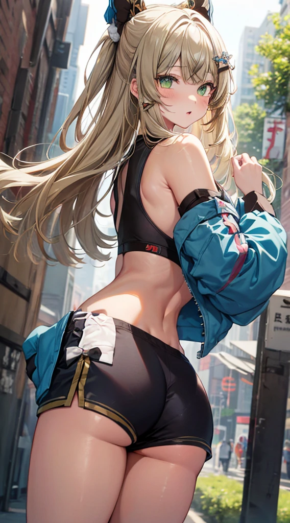 
kirara, genshin impact,1 girl, green eyes, blonde hair hair ornament, bare shoulders, black crop top,green jacket, Sportswear shorts, standing, outdoors, masterpiece, Noise Reduction, perfect anatomy, high resolution, ultra-detailed, ultra-detailed face ,beautiful detailed eyes, perfect body, visual art, sparkling pupils, looking back at viewer, (((big ass)))
