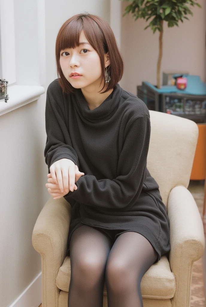 8k, RAW Photo, Best Quality, Masterpiece:1.2),(Realistic, photo-realistic:1.37), Super Detail, She is wearing transparent black long sleeve leggings, no pants, black pantyhose, tight fitting black long sleeve turtleneck, She is wearing black long sleeve leggings and black pantyhose.cinematic lighting, sexy pose, monotone background, facing front, full body
