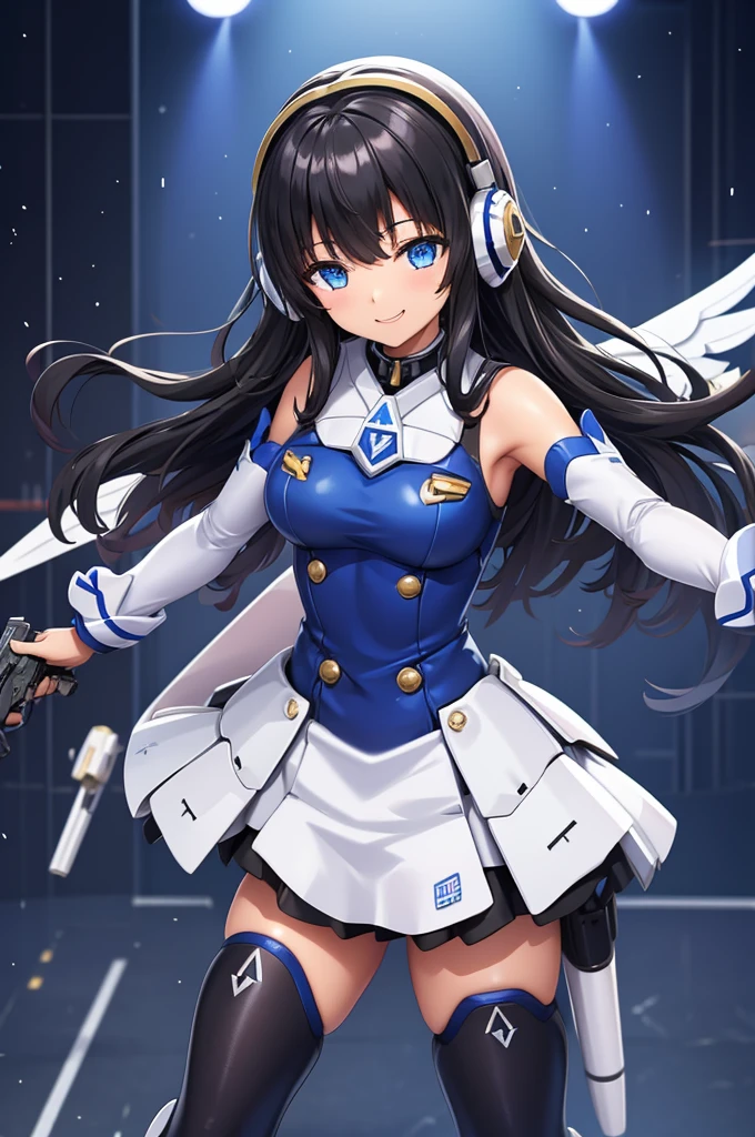  and smiles 、mecha wing、Thighs、tights、chest、Shiny black hair、 1 girl、 solo girl 、 headphones 、idol dress、idol skirt、mecha girl、I have a white armor 、 BLUE MINI SKIRT 、 has a handgun,hand gun