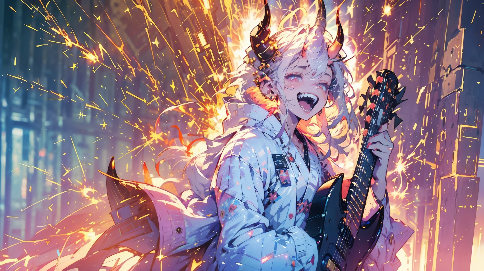 (masterpiece, best quality by the window, best quality by the window, Official Art, beautiful and aesthetic:1.2), extremely detailed , big boobs, chest Yukata shown in detail (There are sparks around the two small horns :1.6), , Shining body, , gorgeous, Highest detail , cold light, tattoo, Electric guitar, Textured Skin , Ultra High Definition, very detailed , best quality by the window, high resolution, One Girl