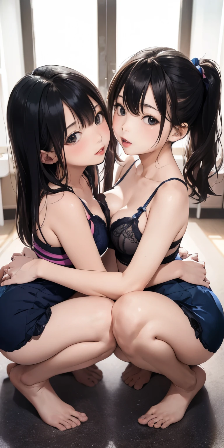 (best quality, masterpiece:1.2), 2 girls, hugginedium breasts:1.4), big butt, beautiful breasts, ecchi girl, naked girl, girl, ,cute girl, slim girls, long hair, beautiful eyes, deep blue eyes, bikini, thicc thighs, high socks, stockings,nude