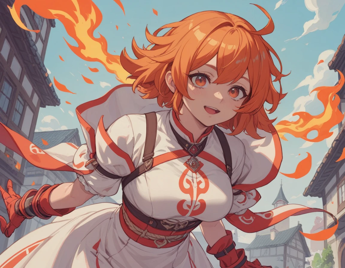 Fire girl with short orange hair, white clothing, anime style